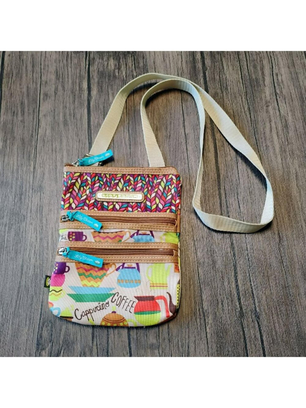 Lily Bloom Crossbody Bag With Coffee Print Multicolor 3 Zipper Compartments